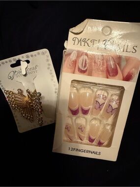 Press-On Nails Set with Butterfly Accent - Purple & Nude & metal butterfly hair